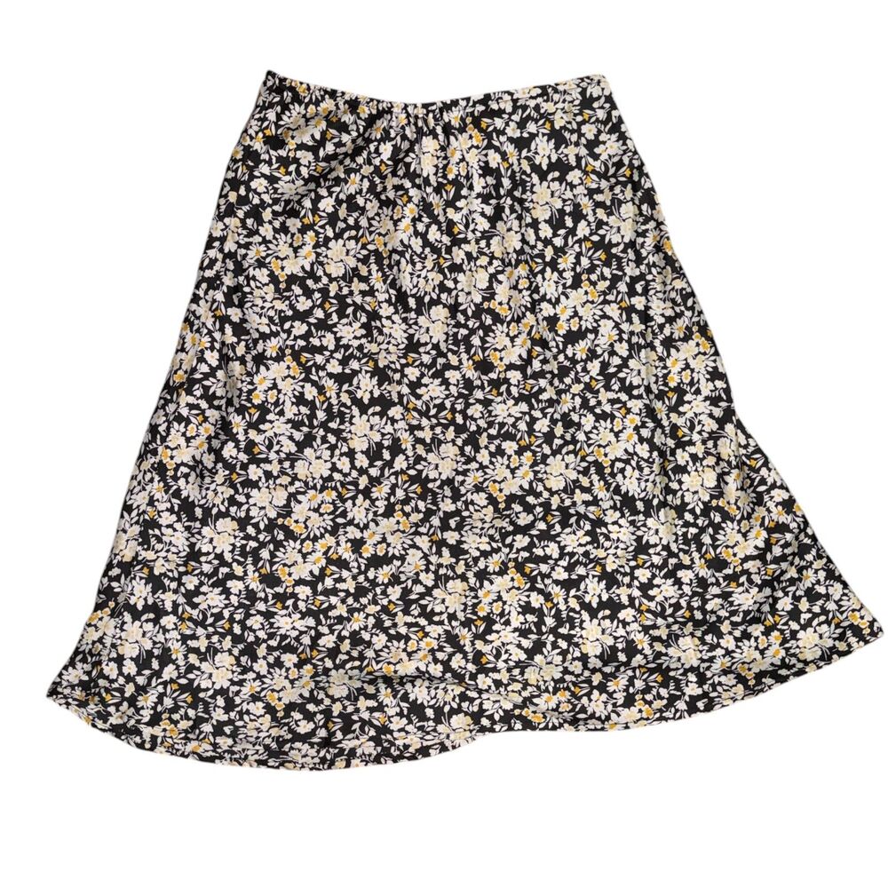 Sienna Sky Black Ditsy Floral Midi Skirt L — Boho A-Line Lined Elastic Waist